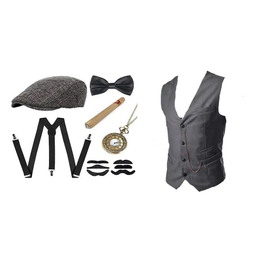 Gangster Costume And Accessories Set Steampunk WaistCoat Peaky Blinders Vest Pocket Watch 1920s Men Gatsby ☆★ww