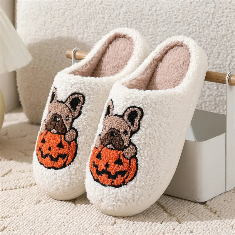 Ghost Pattern Couple Cotton Slippers Round Toe Flat Heel Bedroom Slides Short Plush Soft Non Slip Slippers