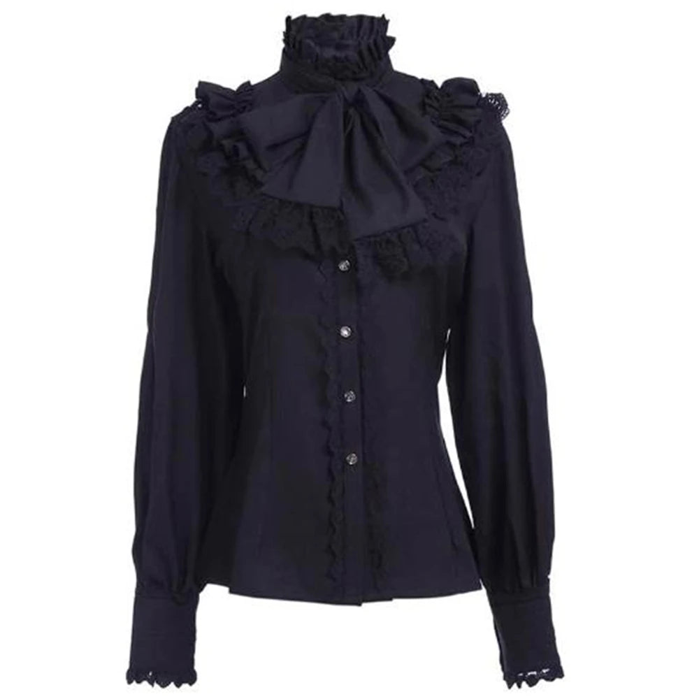 White Bowknot Lace Ruffled Shirt Vintage Vampire Renaissance Victorian Steampunk Gothic Medieval Shirt Halloween Costume