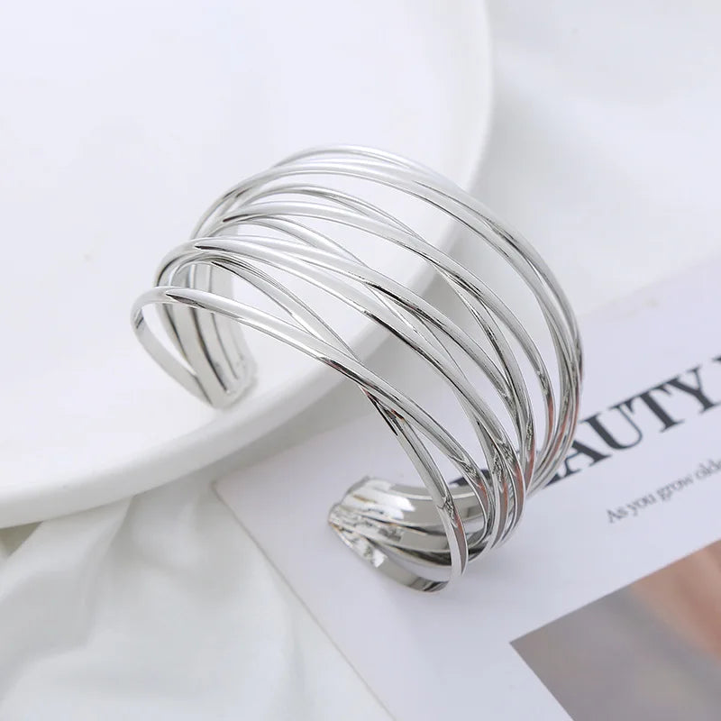 Vintage Hyperbolic Layered Gold Plated Wide Wire Bracelet Cuff Bangle for Women Exaggerated Wrist Wrap Bangle Hand Jewelry Gift