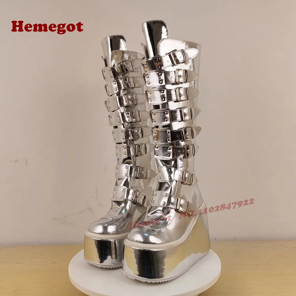 Silver Platform Belt-Buckled Boots Round Toe Wedges Metal Decor Women's Knee High Boots Glossy Gothic Punk Shoes Thick Soled