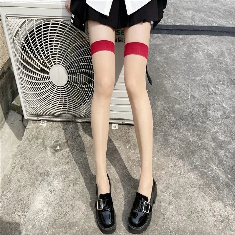 Red Edge New Over The Knee Long Socks Gothic Lace Transparent Thigh High Stockings Women Punk JK Thin Silk Solid Hosiery