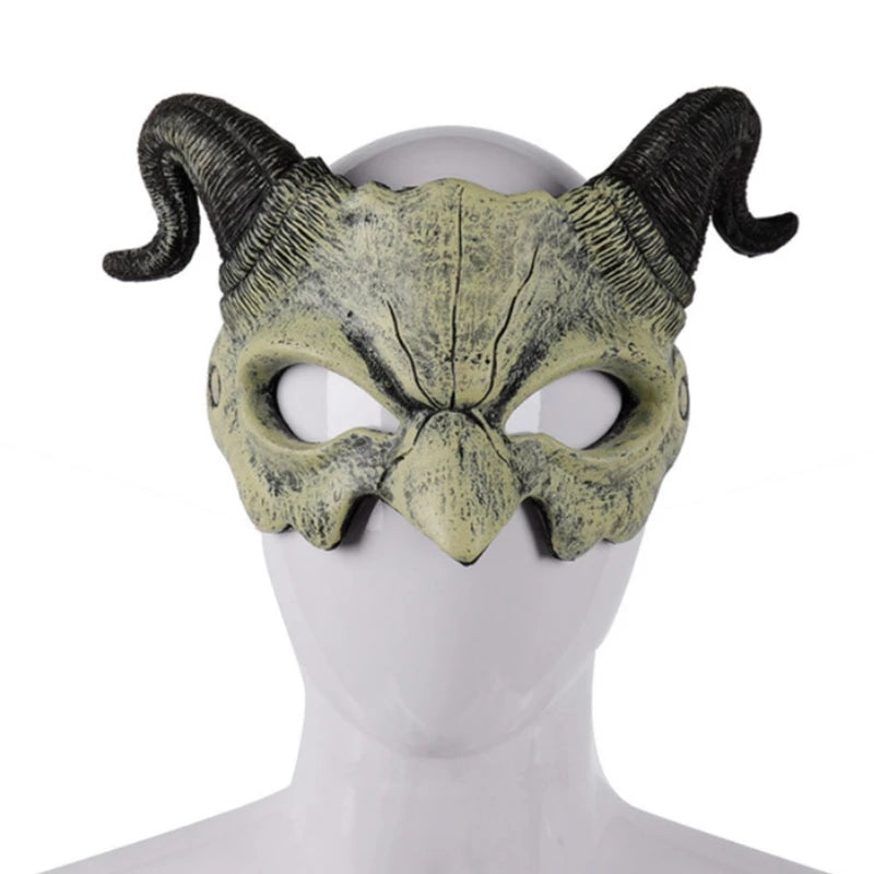 Demon Mask Horns Devil Half Face Mask Party Cosplay Horror Monster Masquerade Scary Haunted House Props PU Mask Decor Halloween