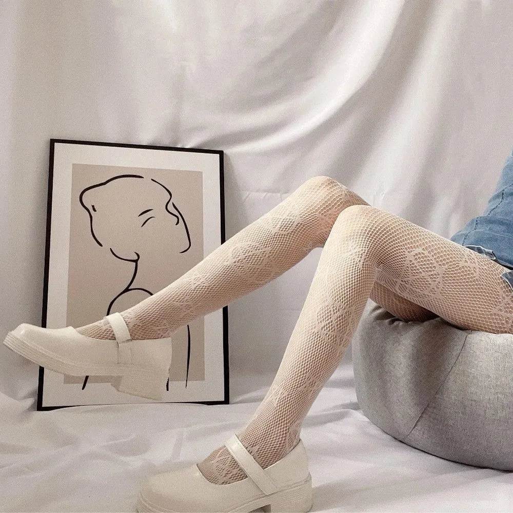 Kawaii Gothic Hollow Out  Lolita Bow Knot Fishnet Stockings Women Spicy Girl Black White Thin Ins Tide Lace Tights