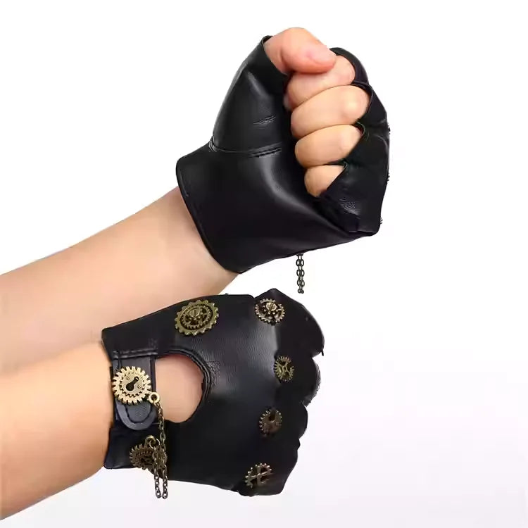 Steampunk PU Leather Fingerless Compass Gloves Men Women Fashion Gloves Half Finger Gloves