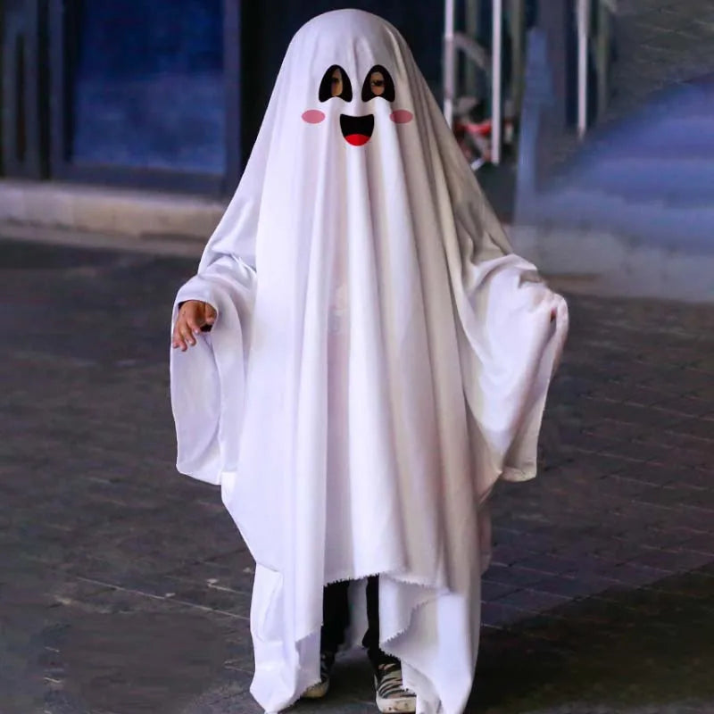 Ghost Costumes White Long Cape Horror Outfits Cloak with Ghost Face Children Adult Fancy Robe Halloween