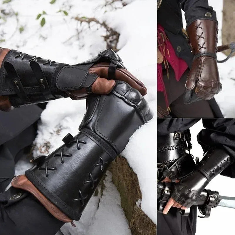 Armor Gloves Wide Cuffs Bracers Men Steampunk Warrior Gauntlet Renaissance Knights Templar Leather Lace-up