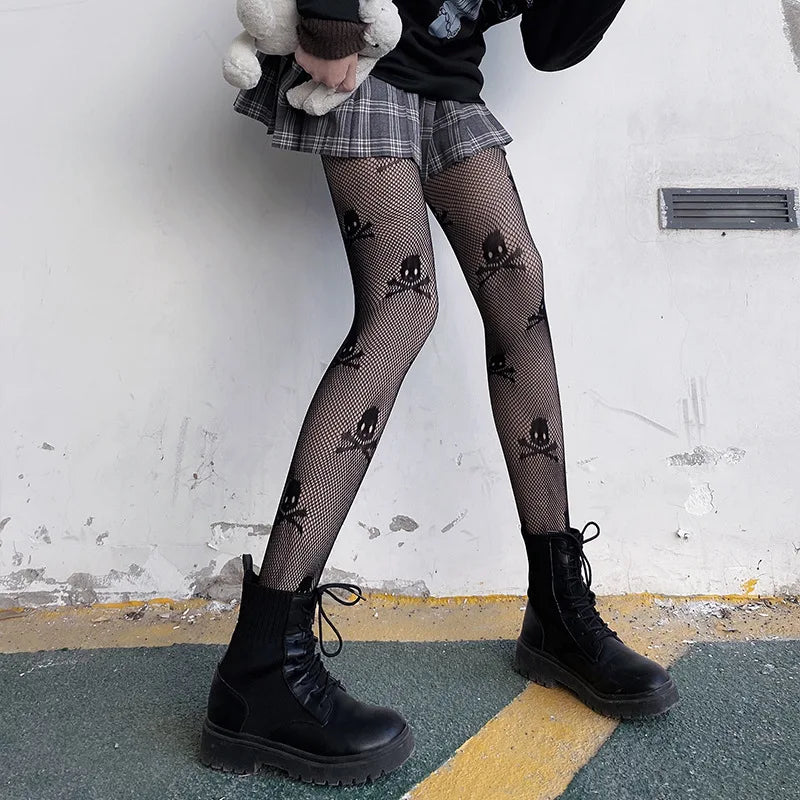 Kawaii Gothic Hollow Out  Lolita Bow Knot Fishnet Stockings Women Spicy Girl Black White Thin Ins Tide Lace Tights