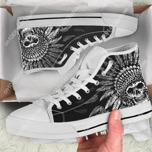 High Top Men's Shoes Tribal Skull Design Comfortable White Sole Shoes Gothic Day Of The Dead Skull Canvas Sneaker