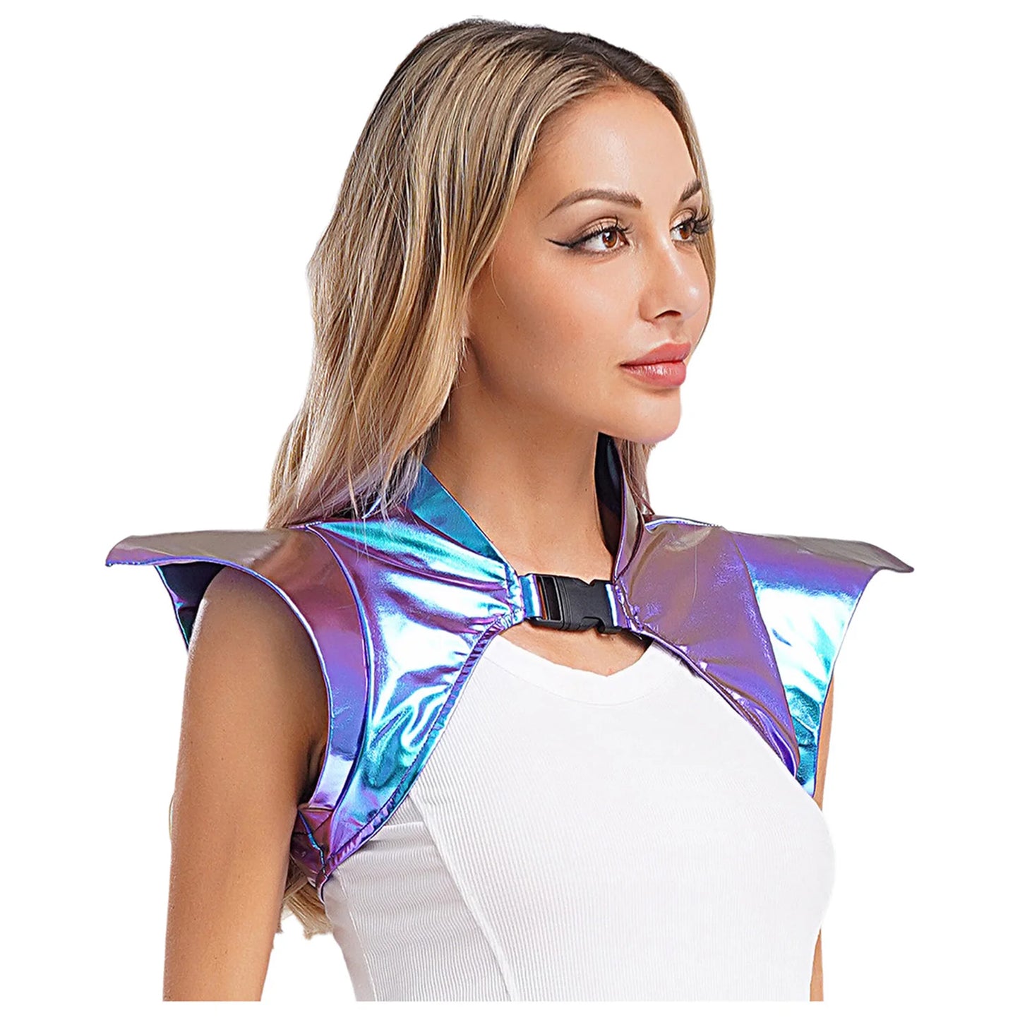 Women Shiny Metallic Gothic Armor Shrug Steampunk Gothic Shoulder Epaulet Alien Robot Astronaut Shrug Crop Top Halloween Costum