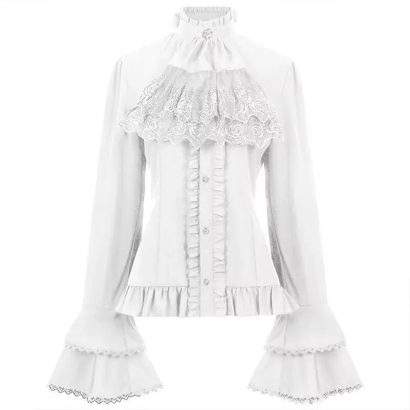 Japanese Elegant Vintage Shirt Long Sleeve Women Steampunk Victorian Blouse Ruffle Lace Stand-Up Y2k Tops Gothic Pirate Shirt