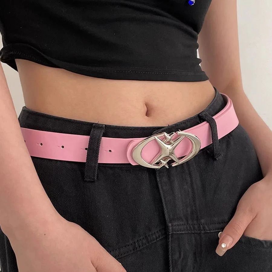 Women Belt Punk Star Buckle Belt Design Cross Metal Vintage Gothic Men Women Y2K Belt Pu Leather Waistband Pants Jeans Lady Belt