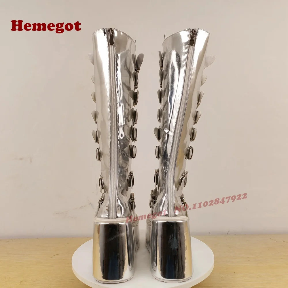 Silver Platform Belt-Buckled Boots Round Toe Wedges Metal Decor Women's Knee High Boots Glossy Gothic Punk Shoes Thick Soled