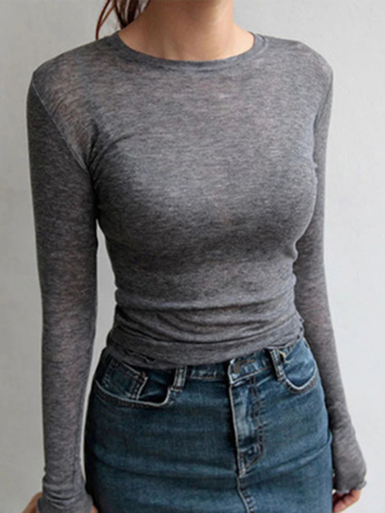 High Quality Plain T Shirt Women  Elastic Basic T-shirts Female Casual Tops Long Sleeve Thin T-shirt see through