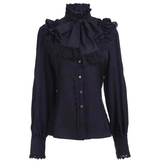 White Bowknot Lace Ruffled Shirt Vintage Vampire Renaissance Victorian Steampunk Gothic Medieval Shirt Halloween Costume