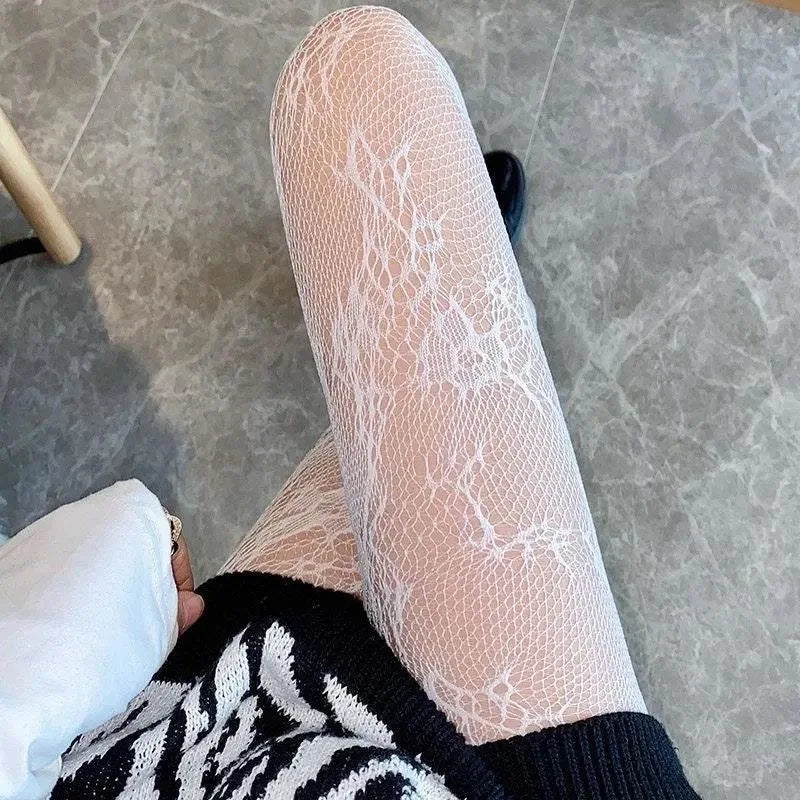 Kawaii Gothic Hollow Out  Lolita Bow Knot Fishnet Stockings Women Spicy Girl Black White Thin Ins Tide Lace Tights