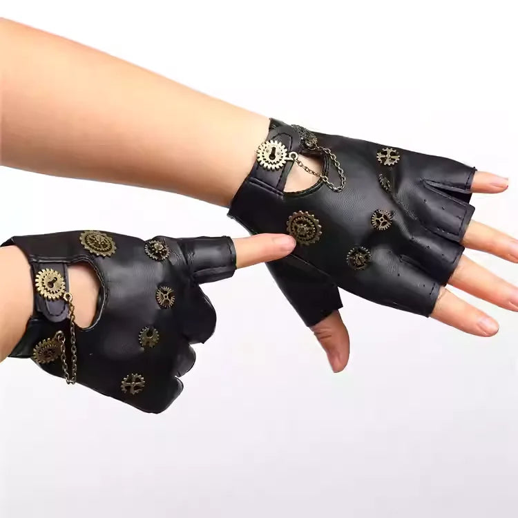 Steampunk PU Leather Fingerless Compass Gloves Men Women Fashion Gloves Half Finger Gloves